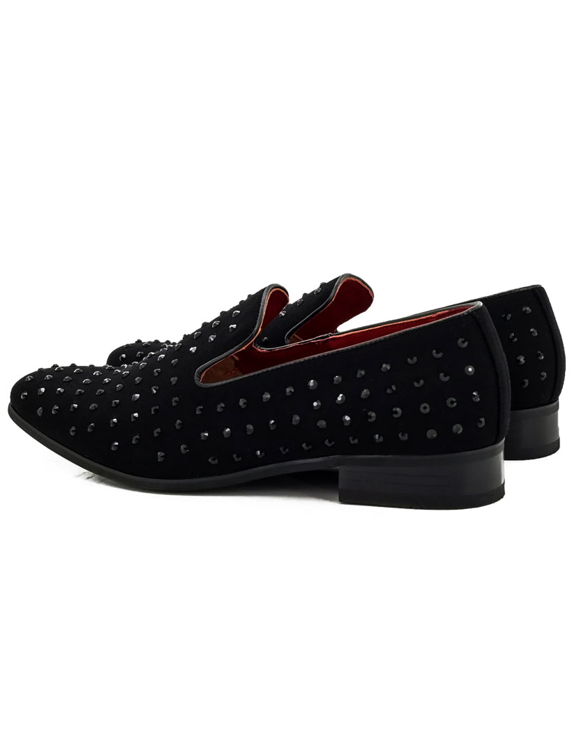 BLACK SUEDE LEATHER LINED GLITTER STUD LOAFERS