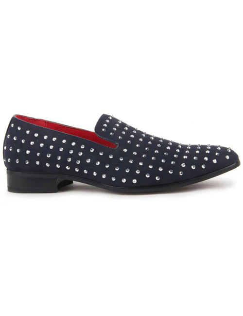 NAVY SUEDE LEATHER LINED GLITTER STUD LOAFERS