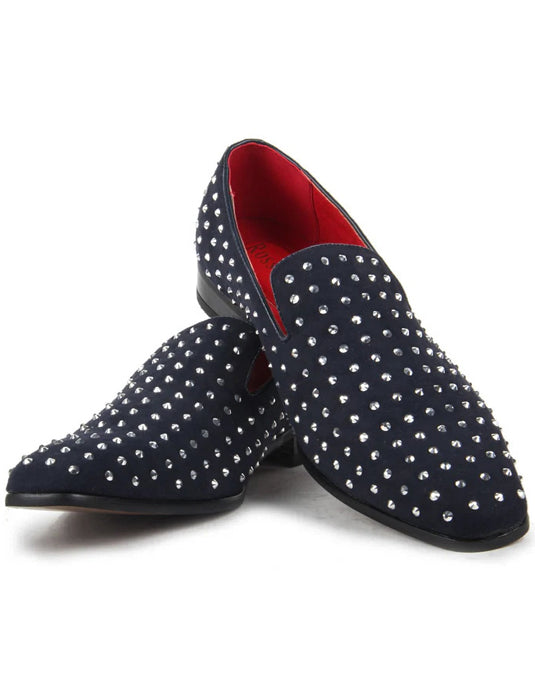 NAVY SUEDE LEATHER LINED GLITTER STUD LOAFERS