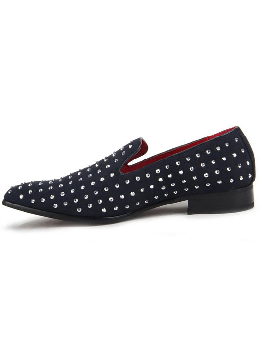 NAVY SUEDE LEATHER LINED GLITTER STUD LOAFERS