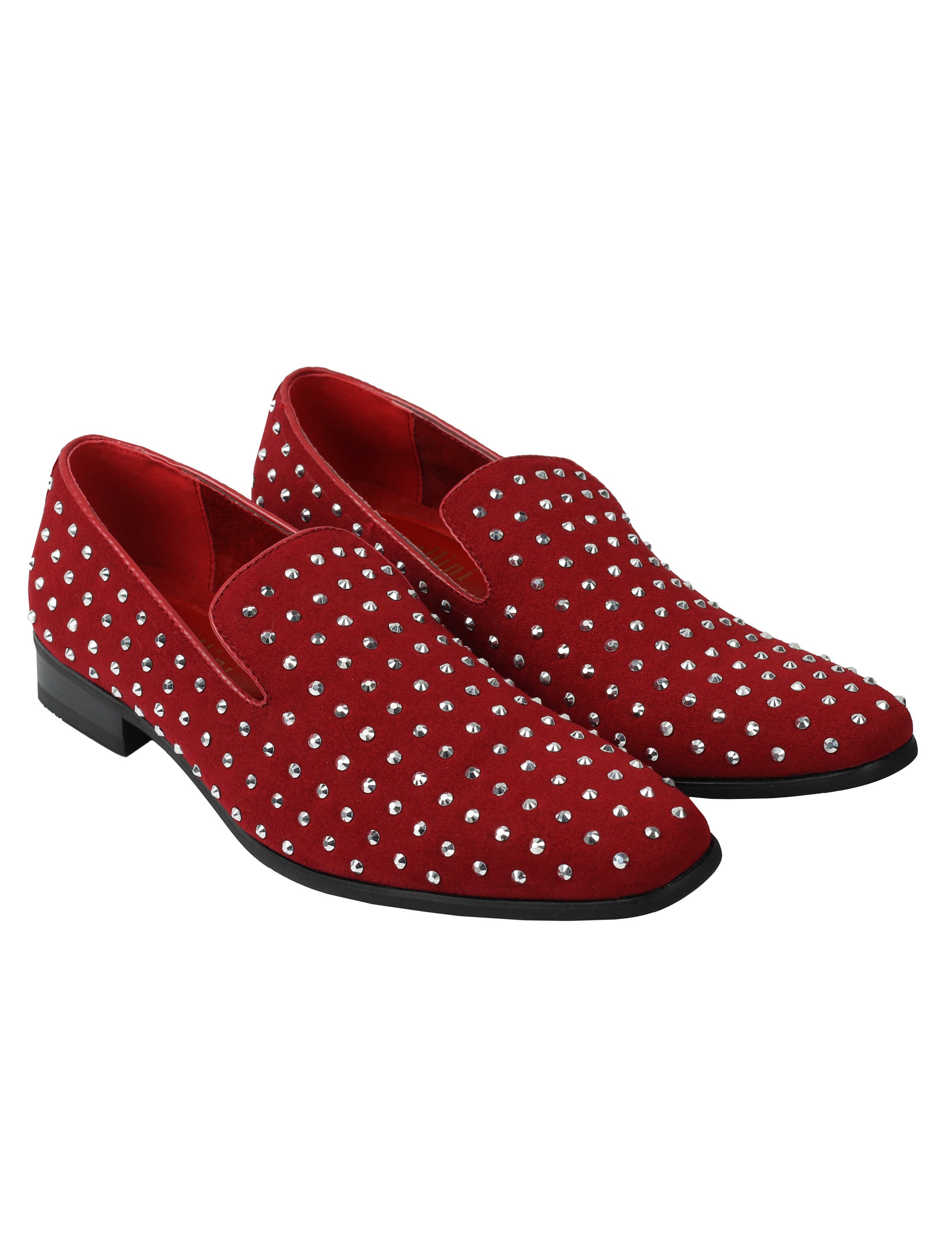 RED SUEDE LEATHER LINED GLITTER STUD LOAFERS