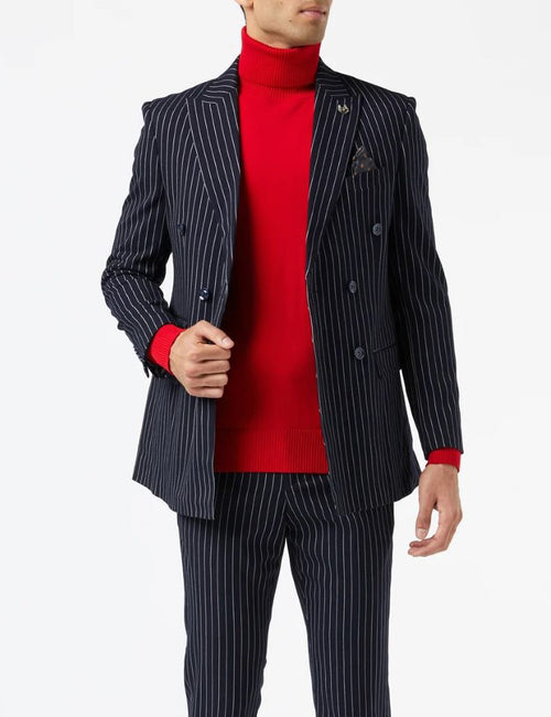 ALFRED – BLAZER BLEU MARINE À DOUBLE BOUTONNAGE À FINES RAYURES