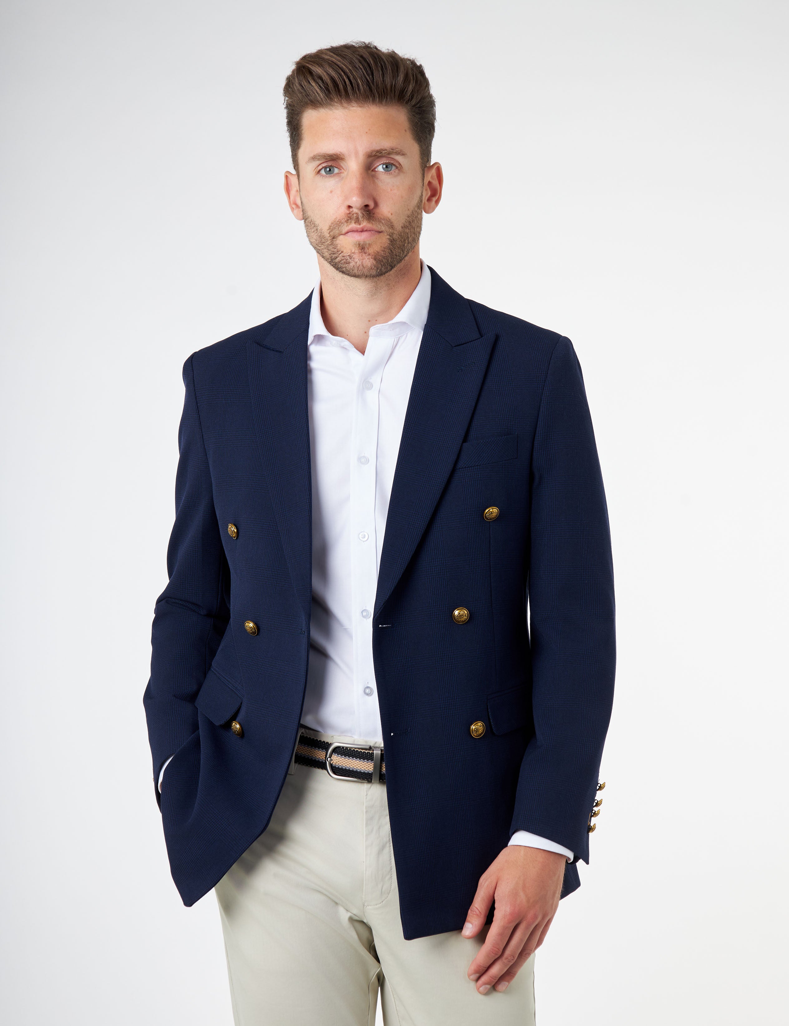 FINLEY – Navy Prince of Wales Check Double Breasted Jacket with Chino