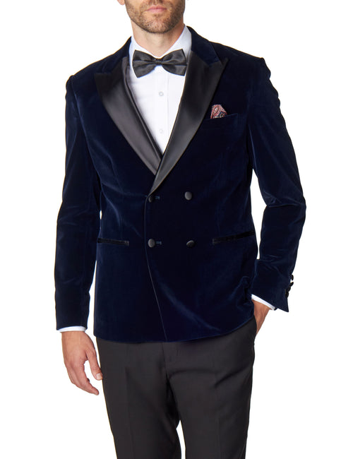 SMITH-NAVY TUXEDO DOUBLE BREASTED VELVET BLAZER