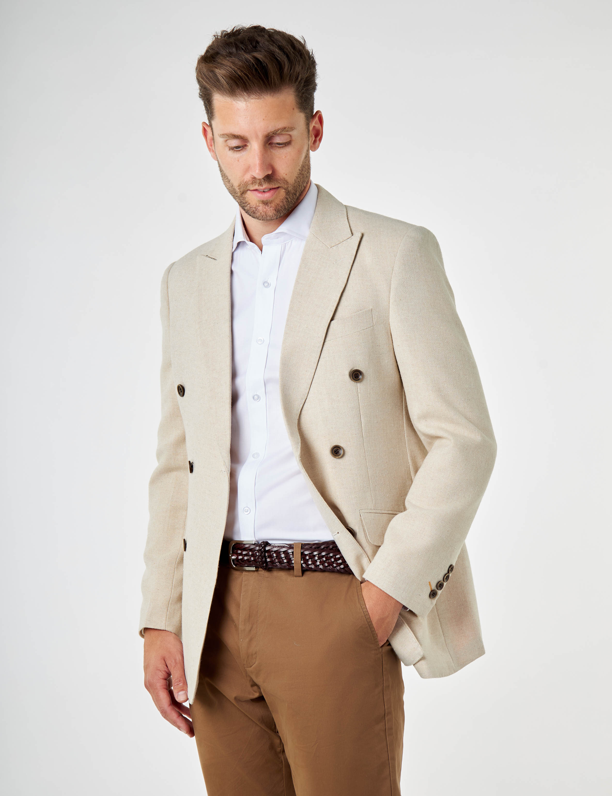 CALIX – Ivory Herringbone Tailored Double Breasted Blazer