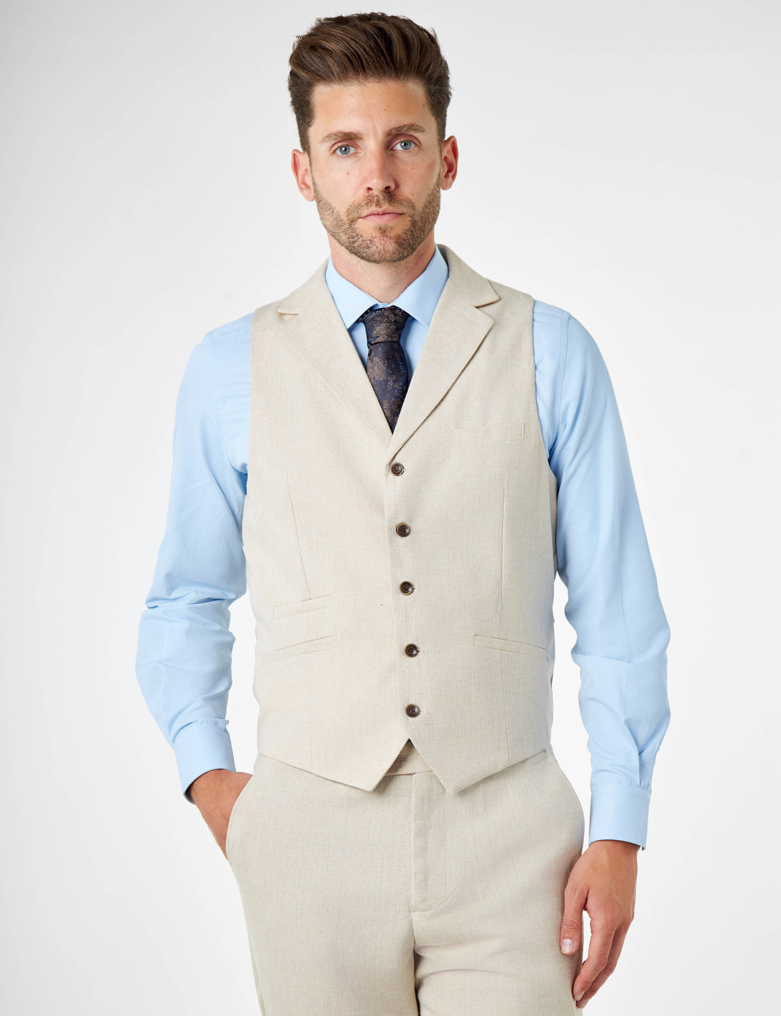 CALIX – Cream Wool Mix Herringbone Collared Waistcoat