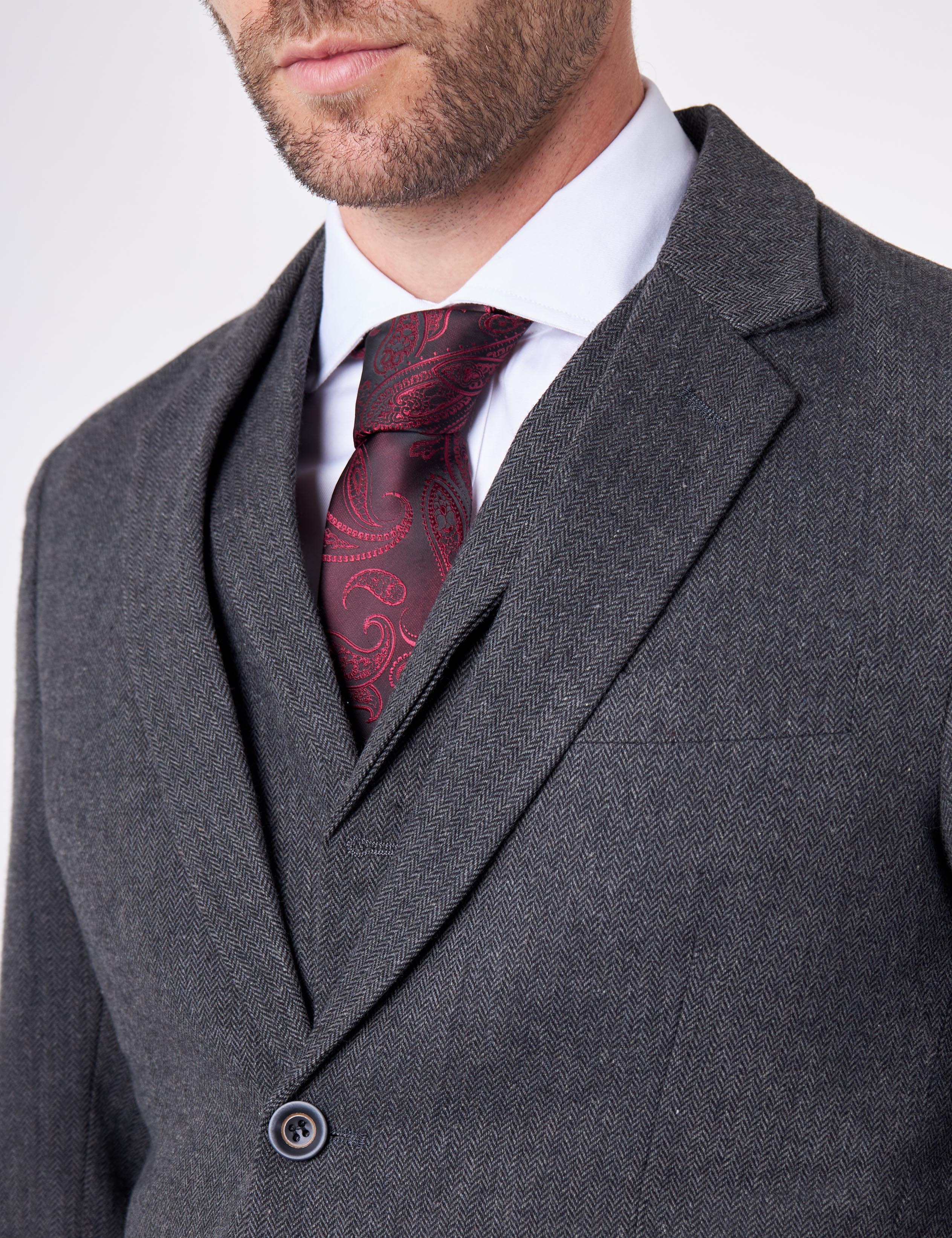 CALIX – Dark Grey Herringbone Tweed Tailored 3 Piece Suit