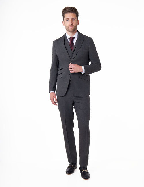 CALIX – Dark Grey Herringbone Tweed Tailored 3 Piece Suit