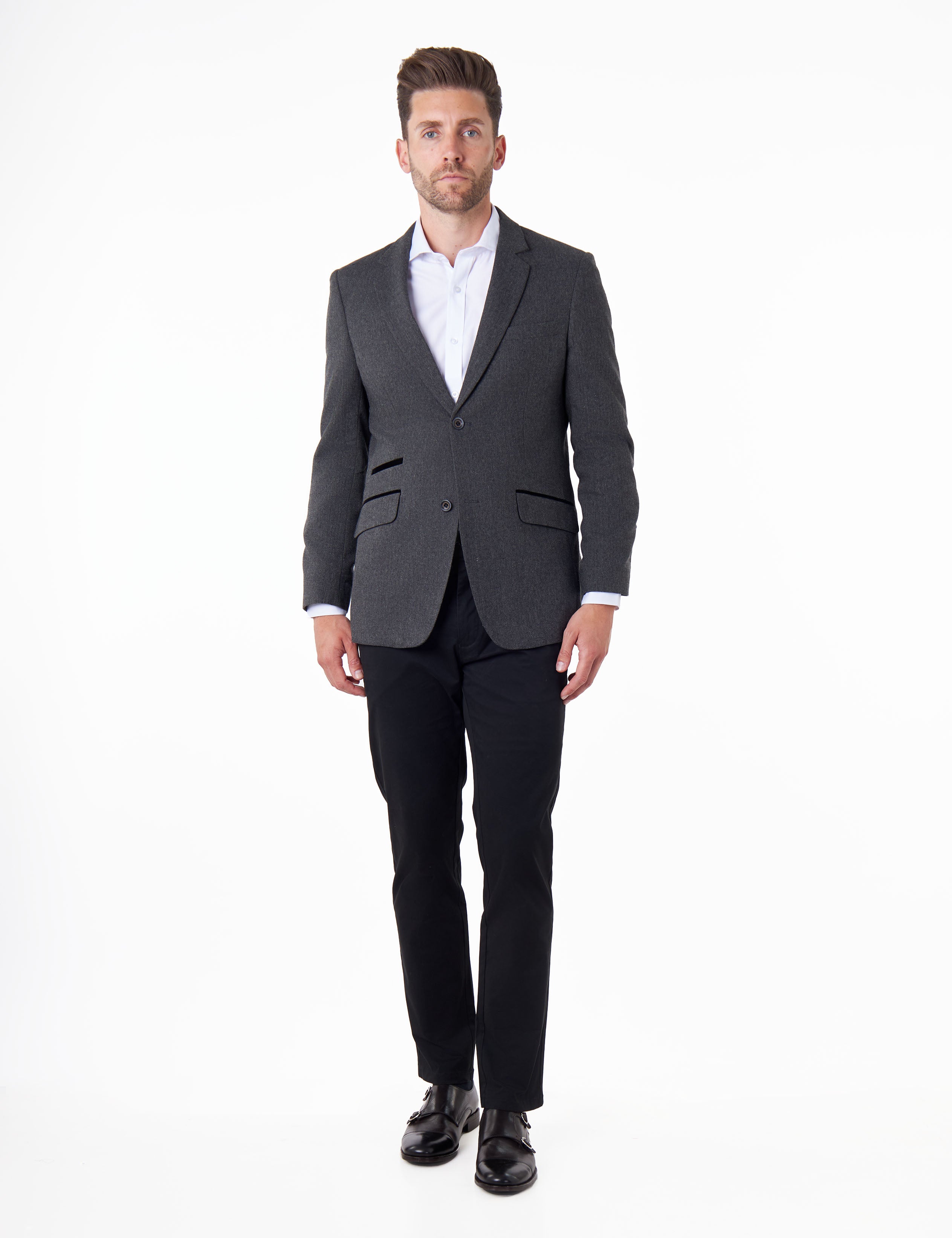 CALIX – Wool Mix Herringbone Tailored Dark Grey Blazer