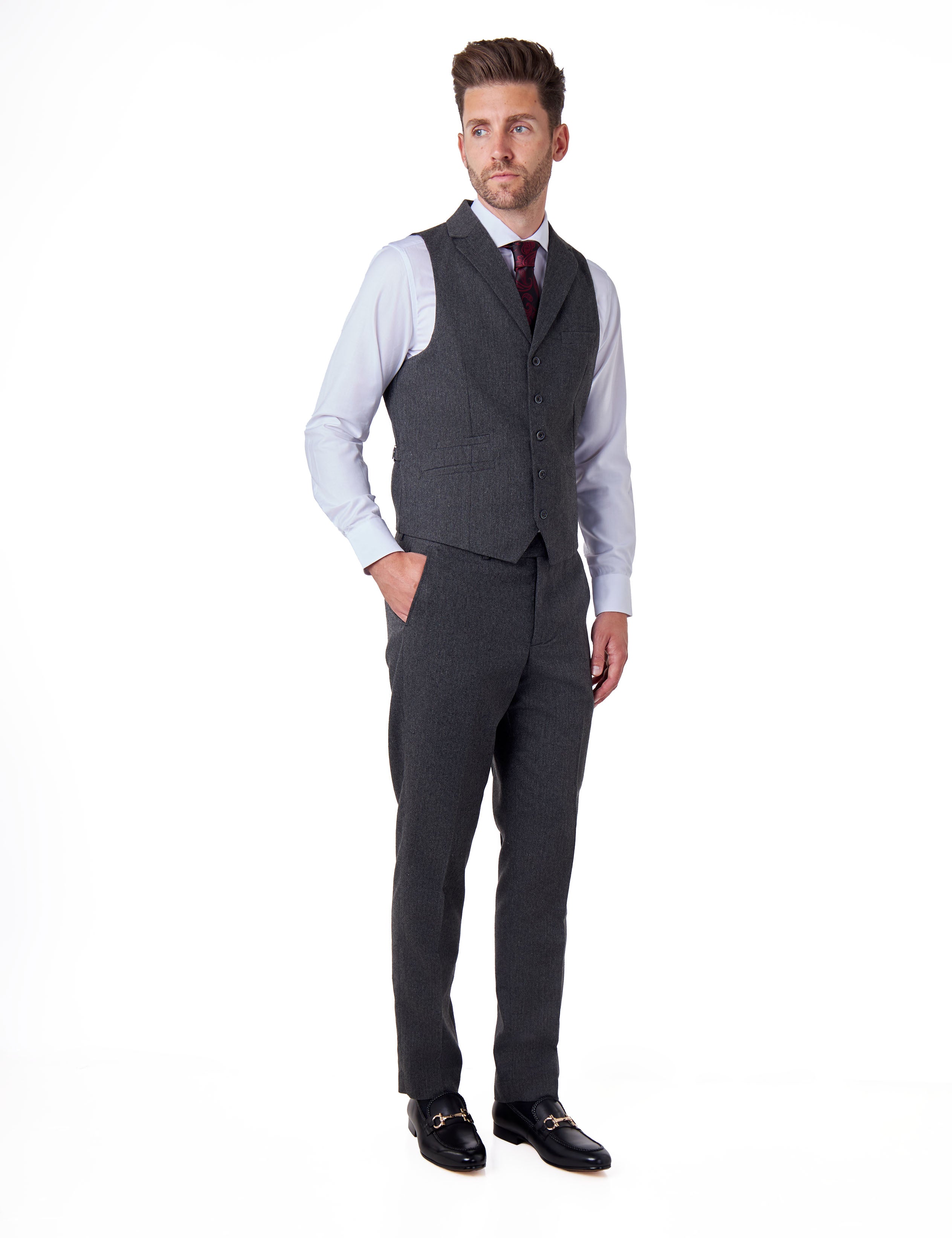 CALIX – Dark Grey Herringbone Tweed Tailored 3 Piece Suit