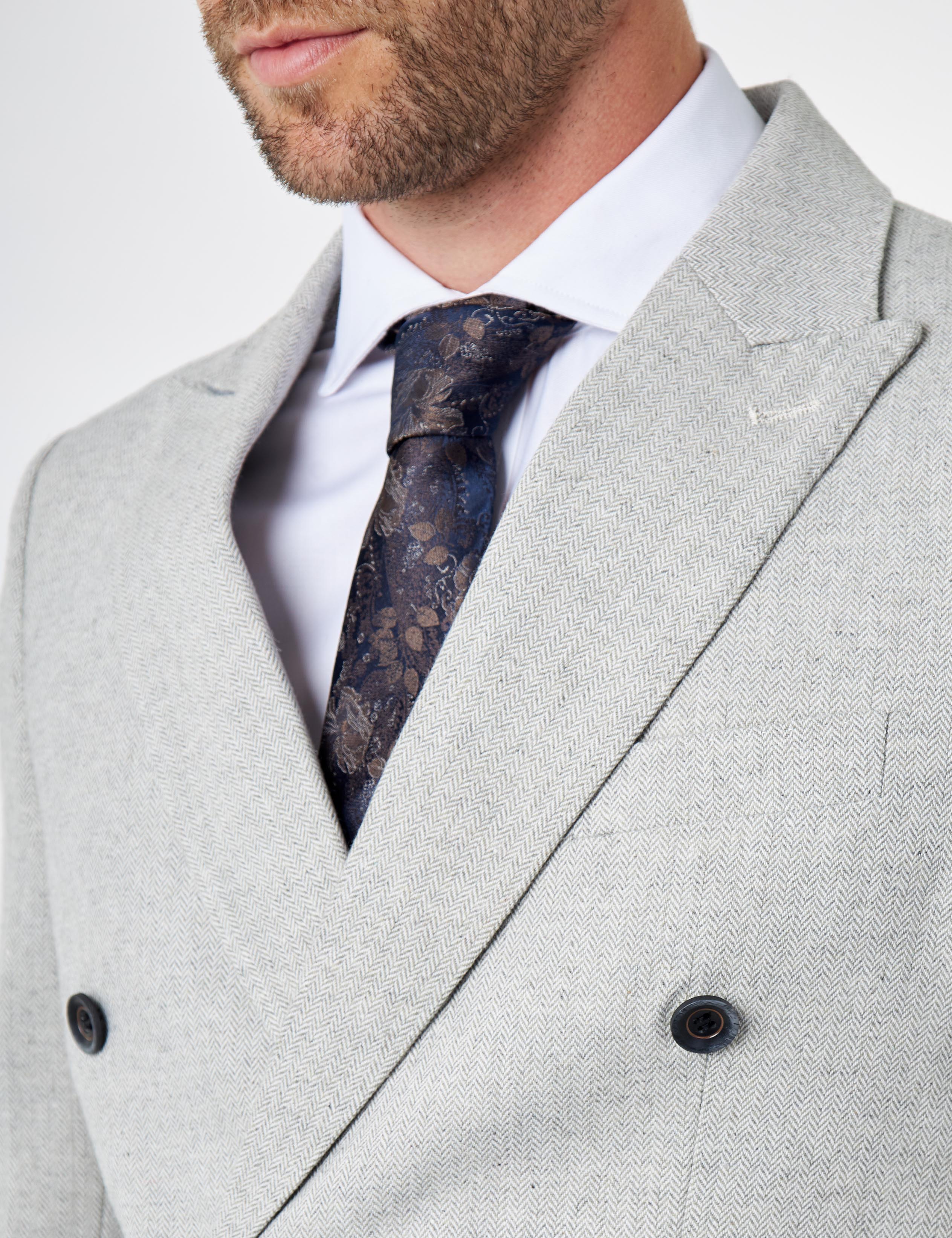 CALIX – Grey Herringbone Tailored Double Breasted Blazer