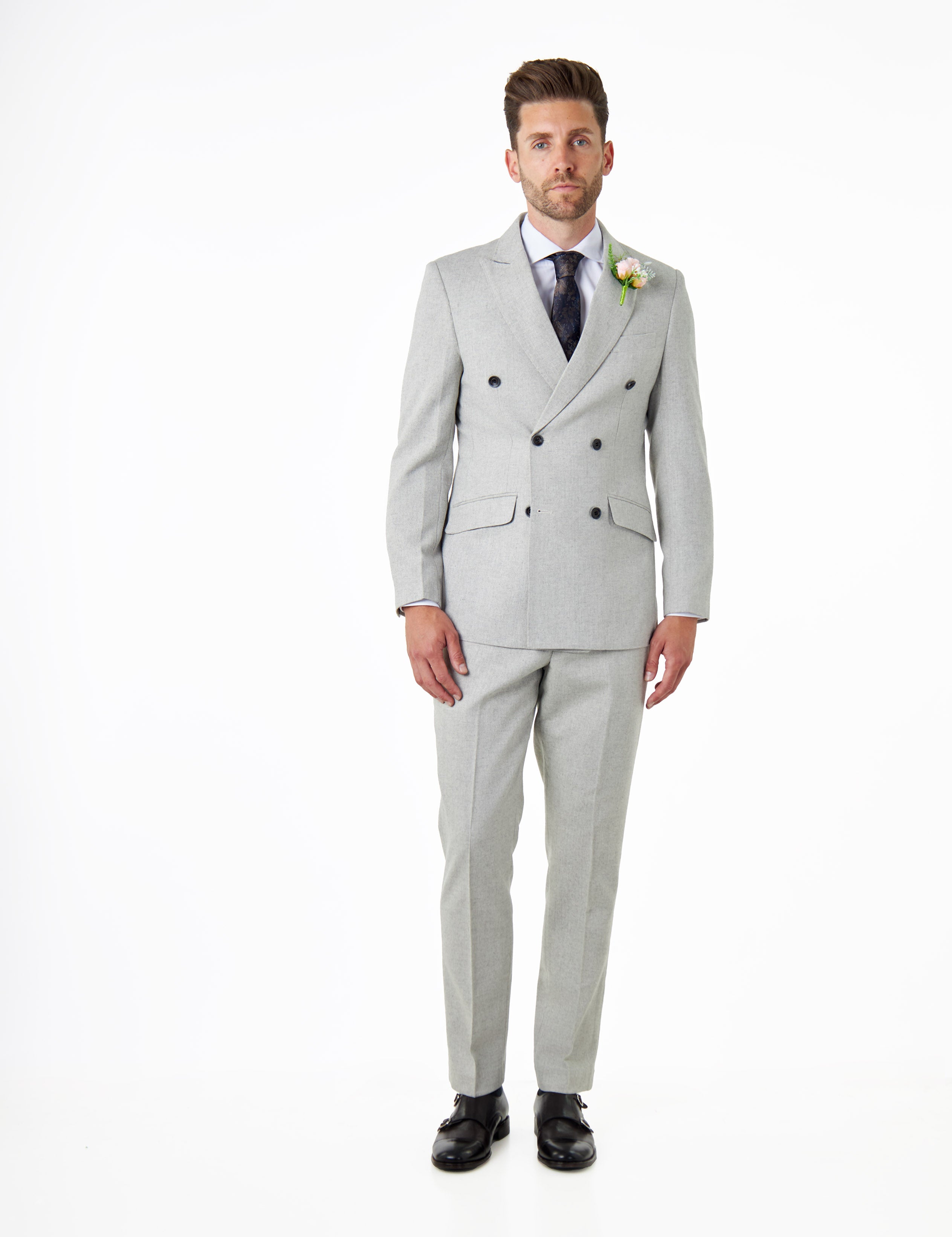 CALIX – Grey Herringbone Tailored Double Breasted Blazer