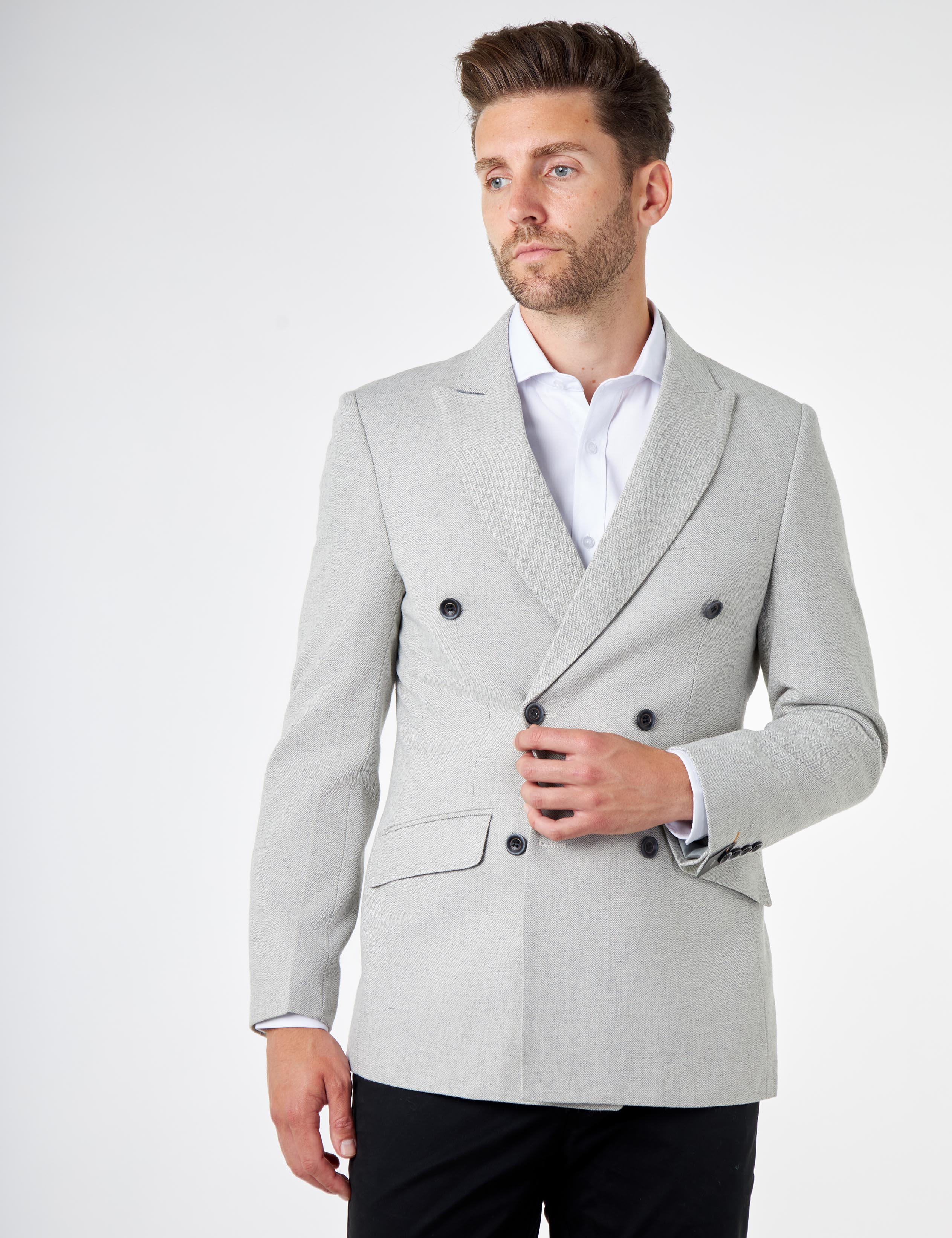 CALIX – Grey Herringbone Tailored Double Breasted Blazer