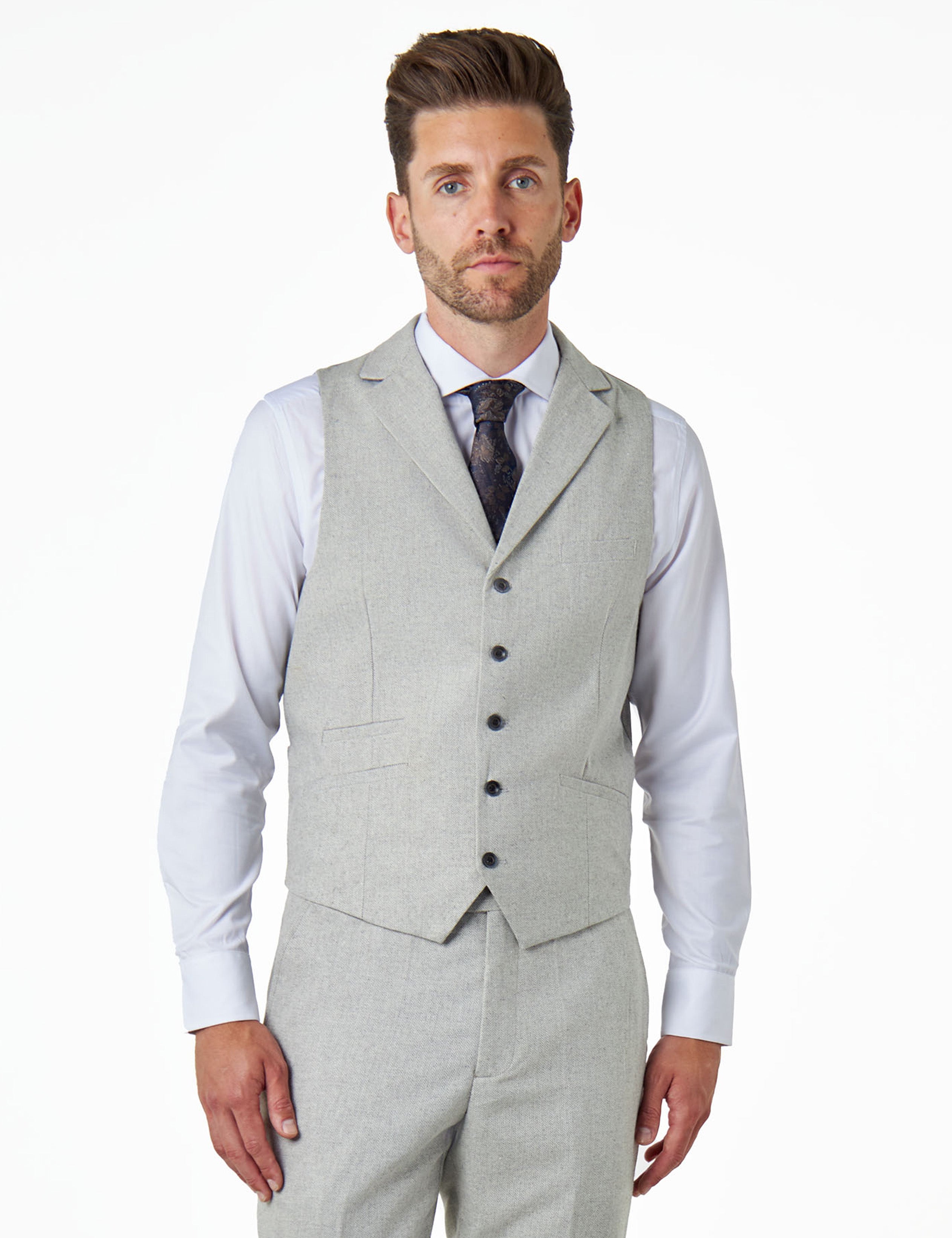 CALIX – Herringbone Tweed Tailored 3 Piece Suit in Grey