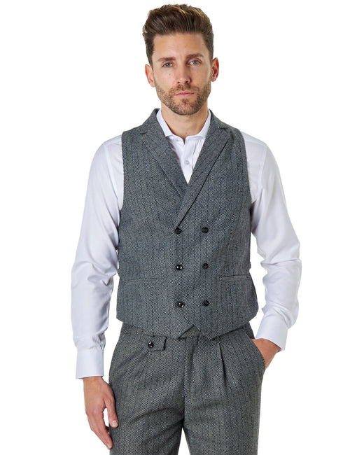 TYLER - GILET DOUBLE BOUTONNAGE GRIS EN TWEED À CHEVRONS