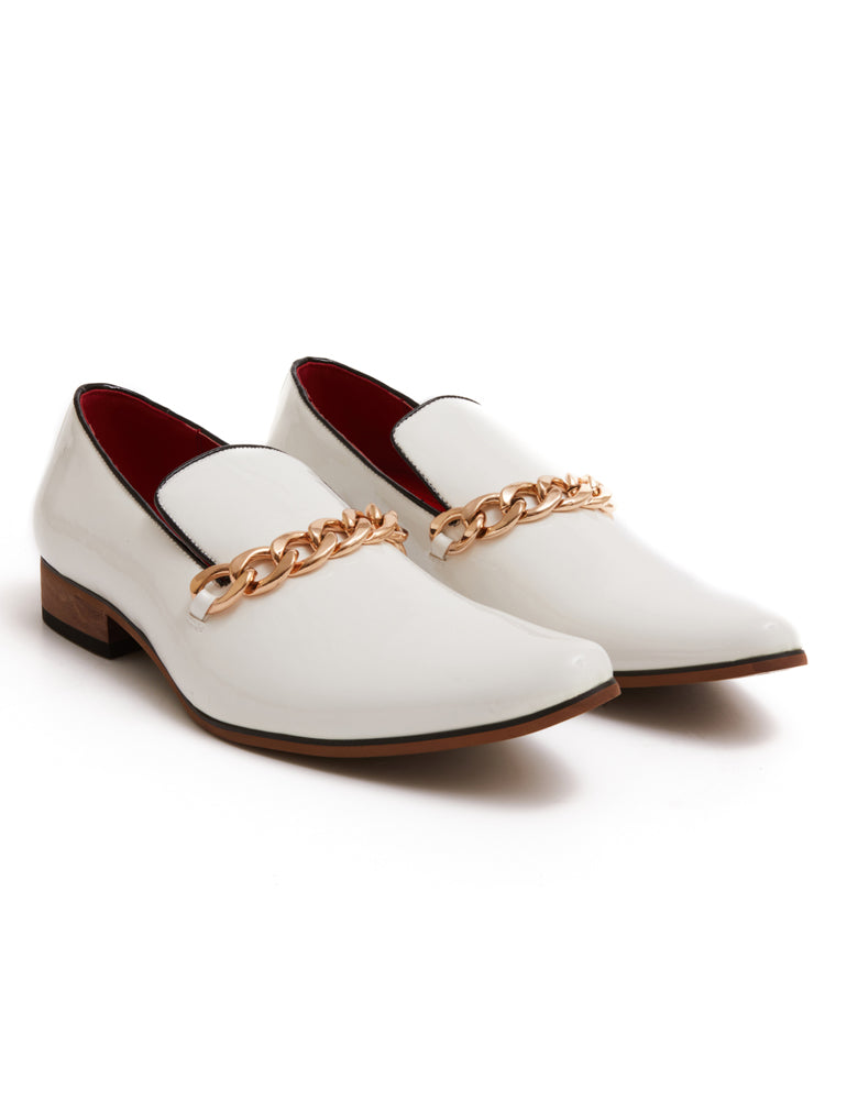 WHITE PATENT LOAFERS WITH GOLD CHAIN