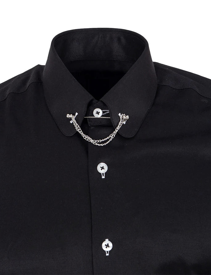 CLASSIC BLACK DRESS SHIRT PENNY COLLAR PIN BAR WITH CHAIN