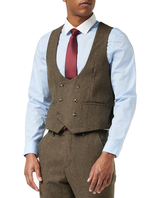 HERVE - GILET DOUBLE BOUTONNAGE EN TWEED PIED-DE-POULE MARRON