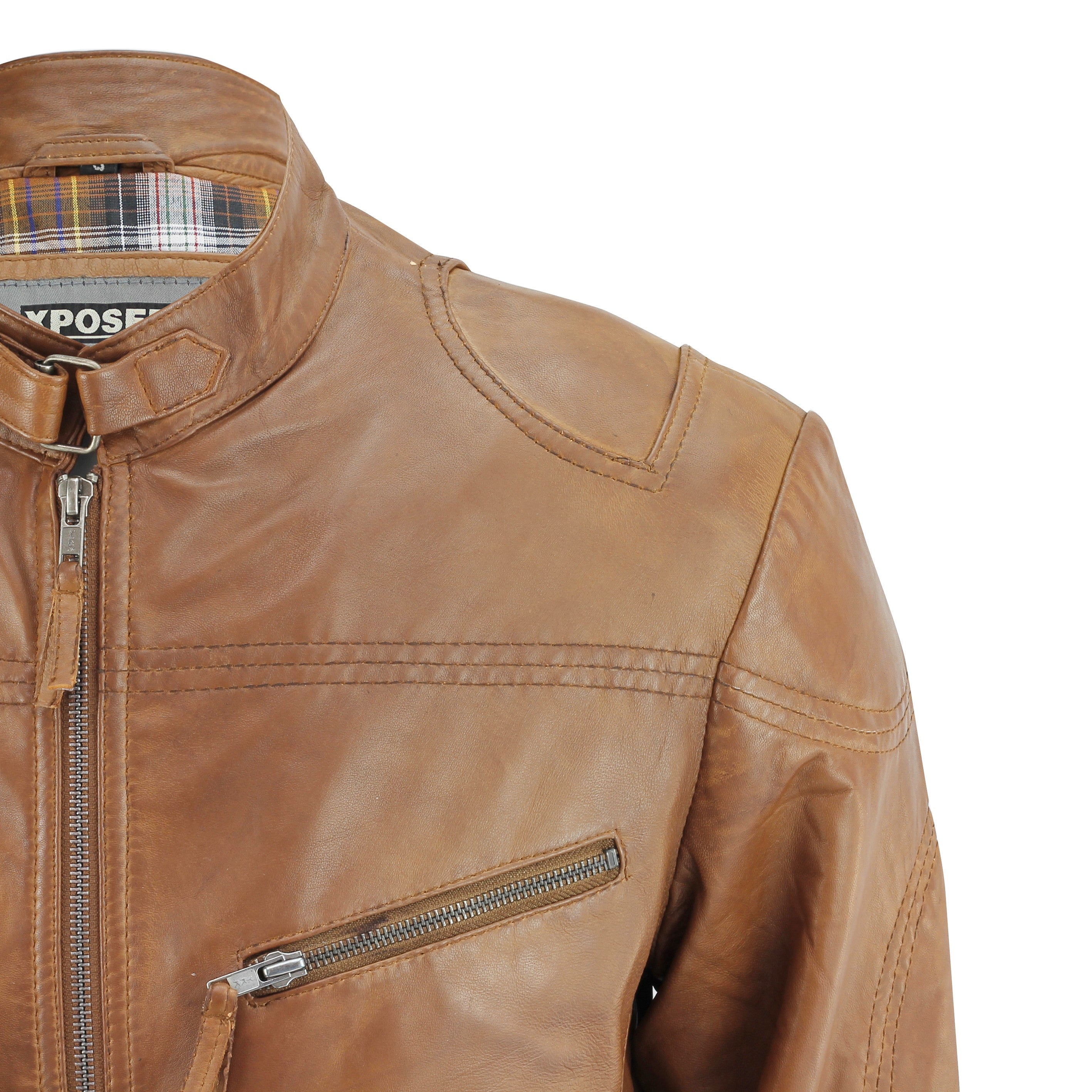 Mens Real Leather Biker Jacket Vintage Wood Brown Slim Fit Retro Smart Casual
