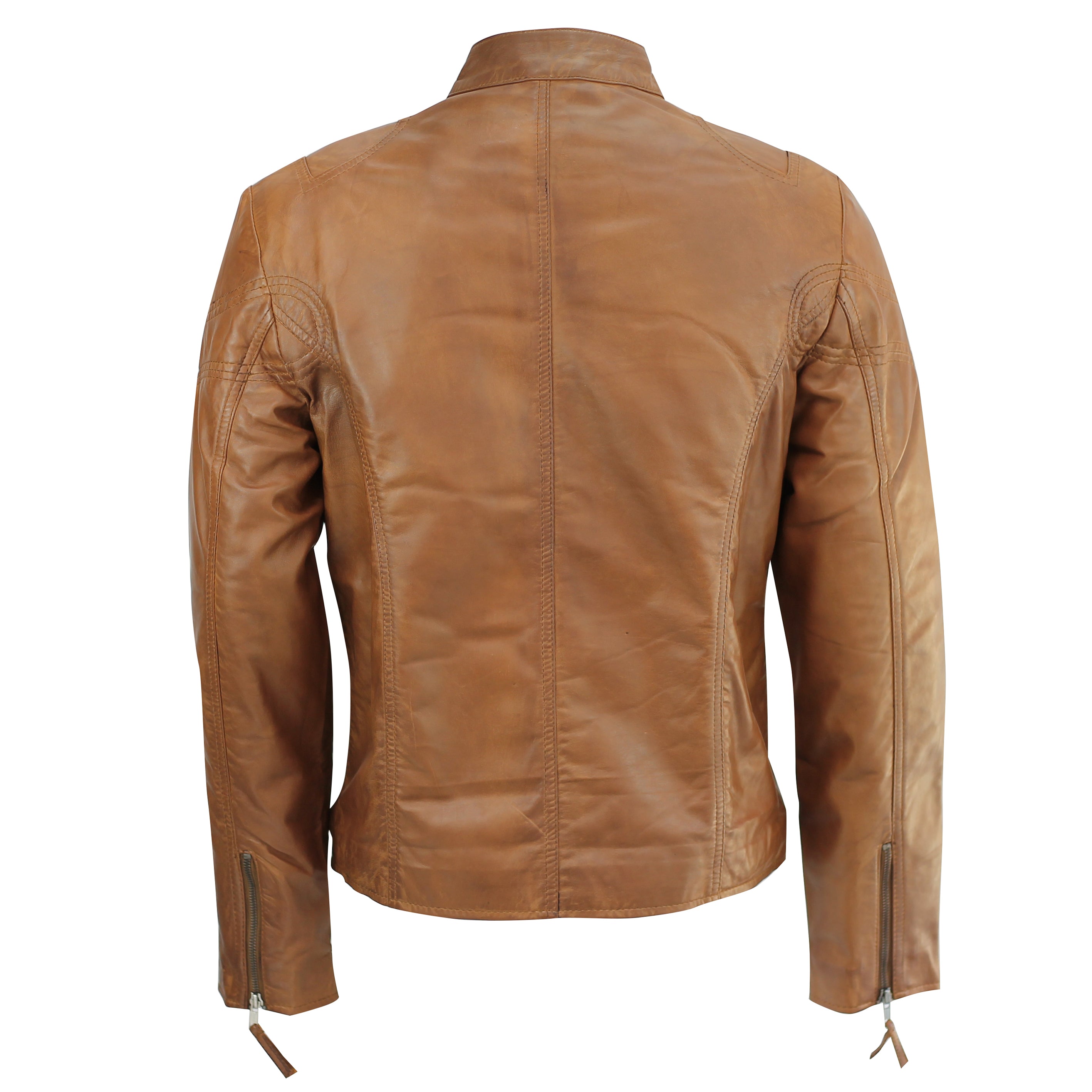 Mens Real Leather Biker Jacket Vintage Wood Brown Slim Fit Retro Smart Casual