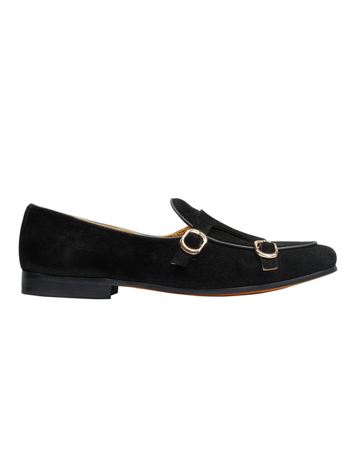 DOUBLE MONK BLACK SUEDE LOAFERS