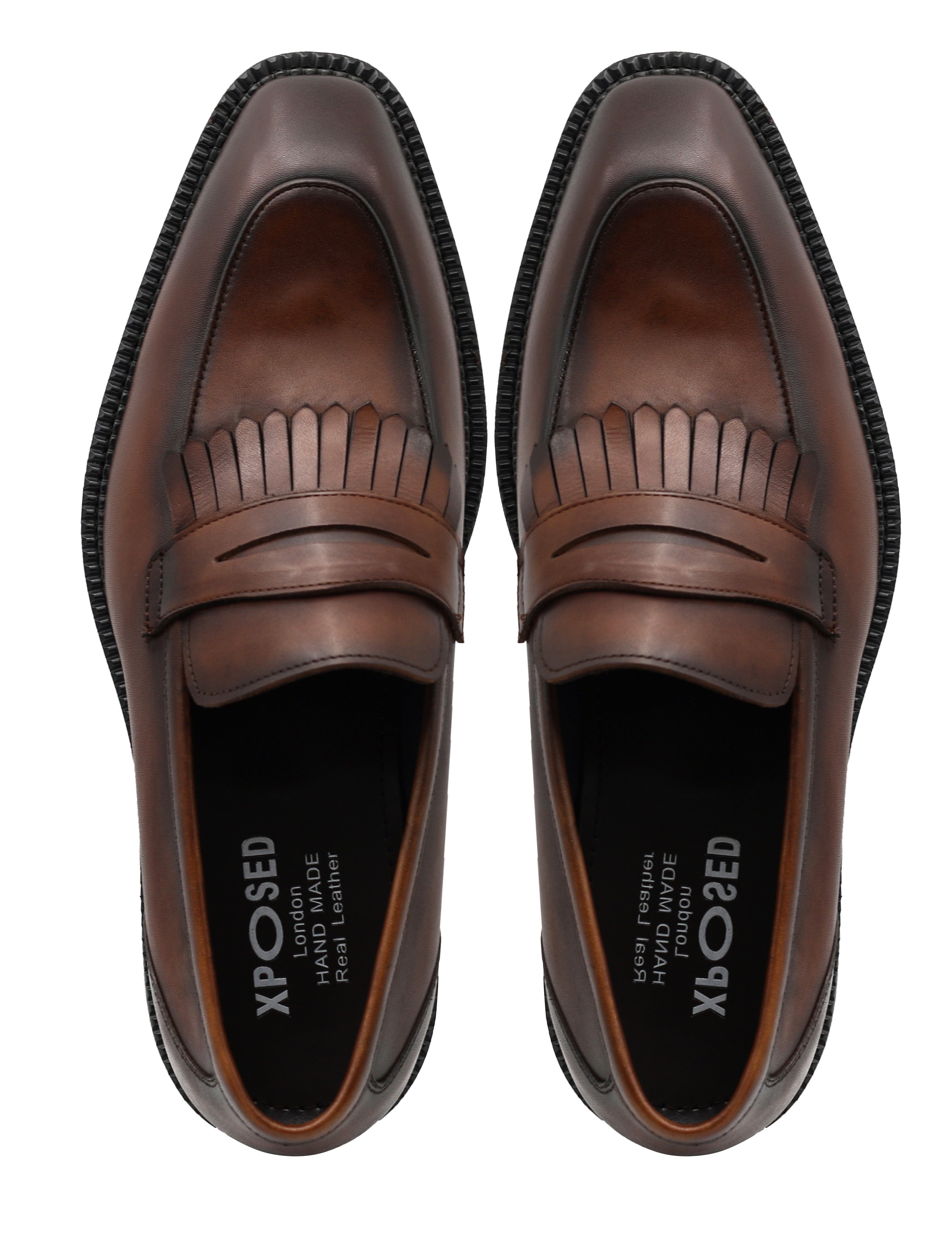 BROWN LEATHER PENNY LOAFERS WITH FRINGE