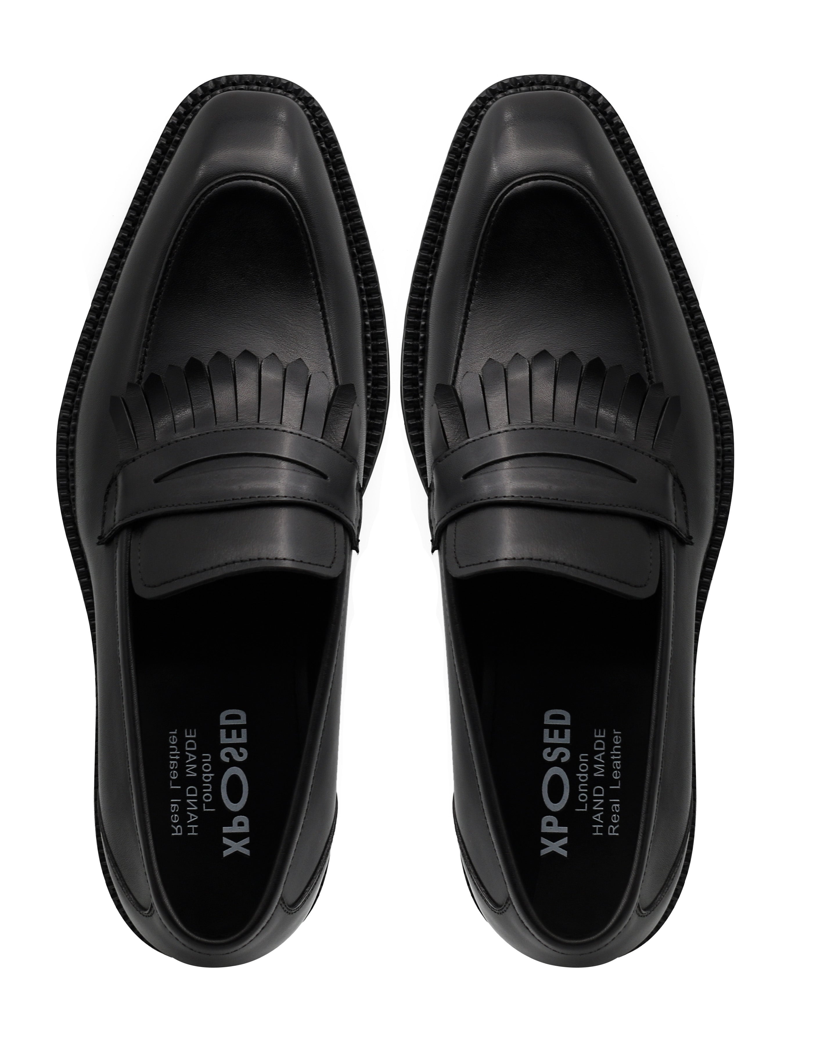 BLACK LEATHER PENNY LOAFERS WITH FRINGE