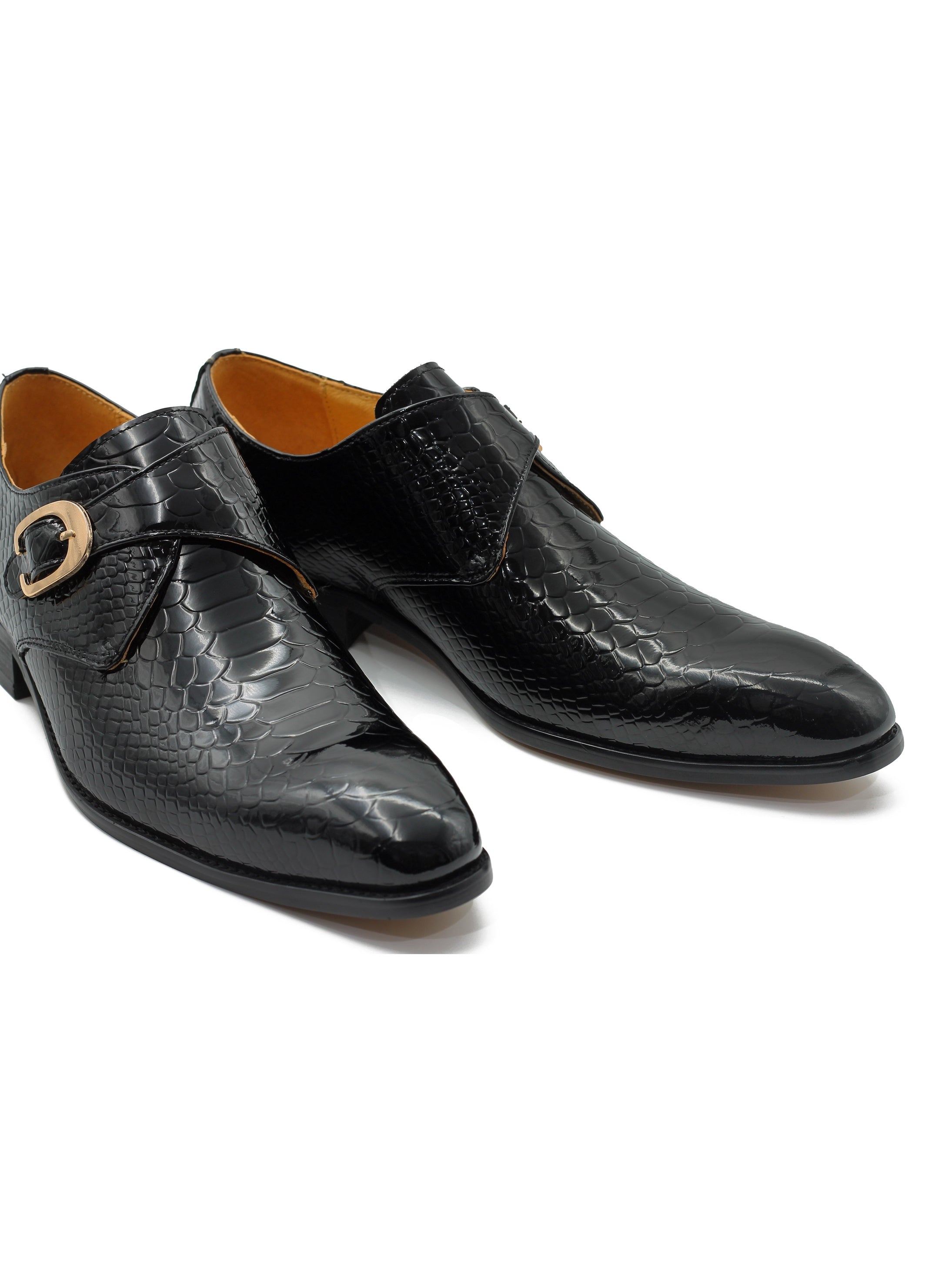 BLACK CROC PRINT PATENT LEATHER MONK SHOES