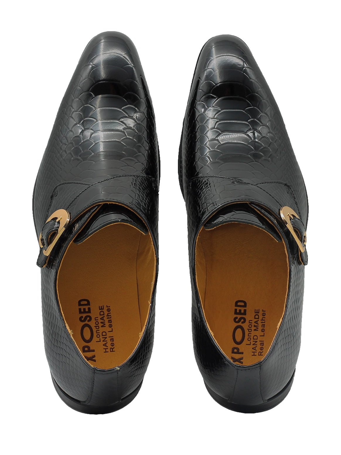 BLACK CROC PRINT PATENT LEATHER MONK SHOES