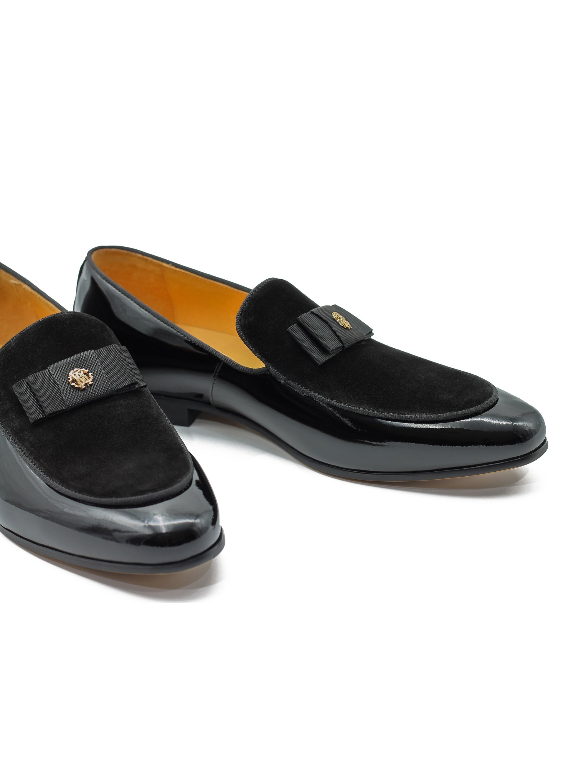 BLACK LEATHER SUEDE BELGIAN BOWTIE LOAFERS