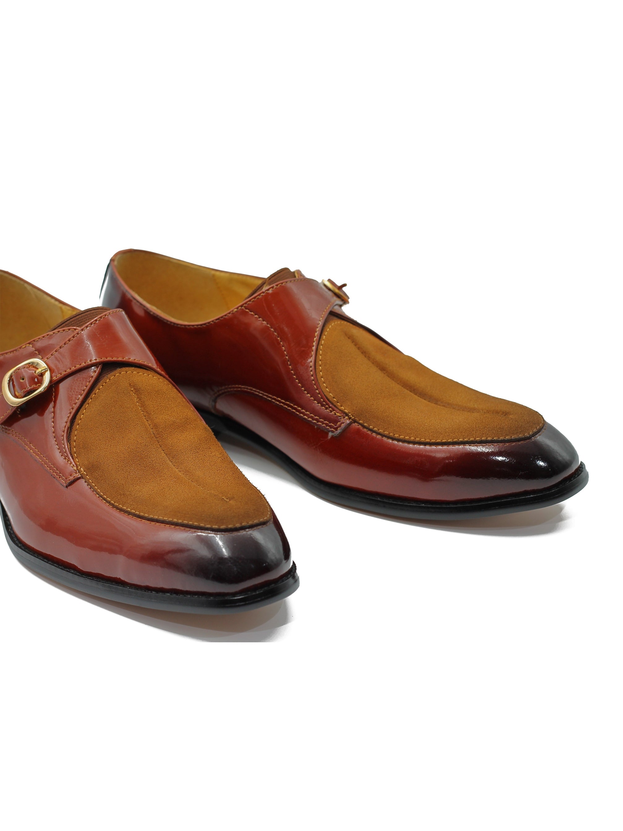 BROWN PATENT LEATHER & SUEDE SINGLE MONK  SHOES