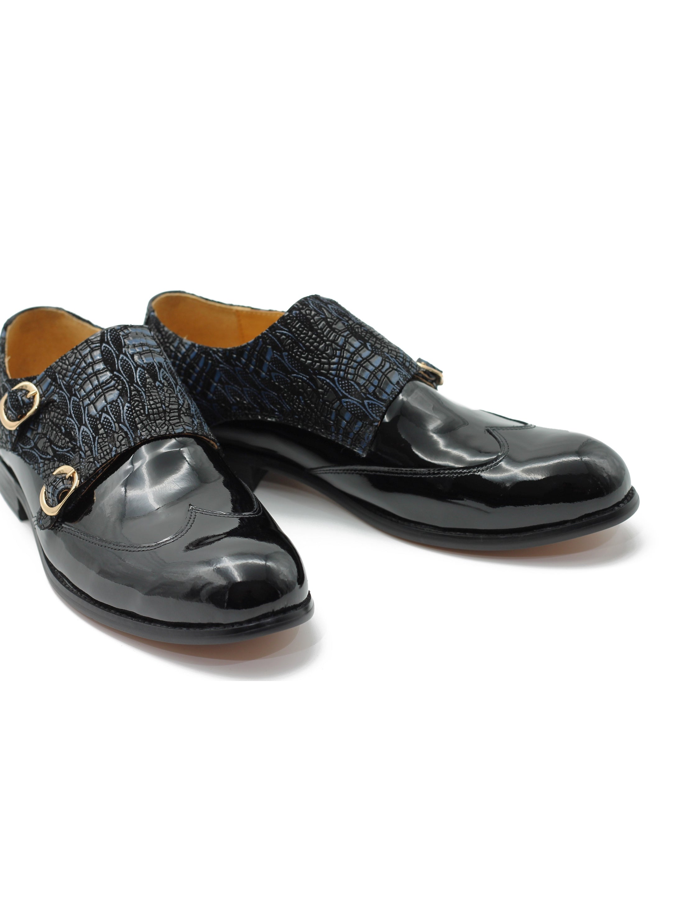 BLACK SHINY PRINTED DOUBLE MONK SHOES