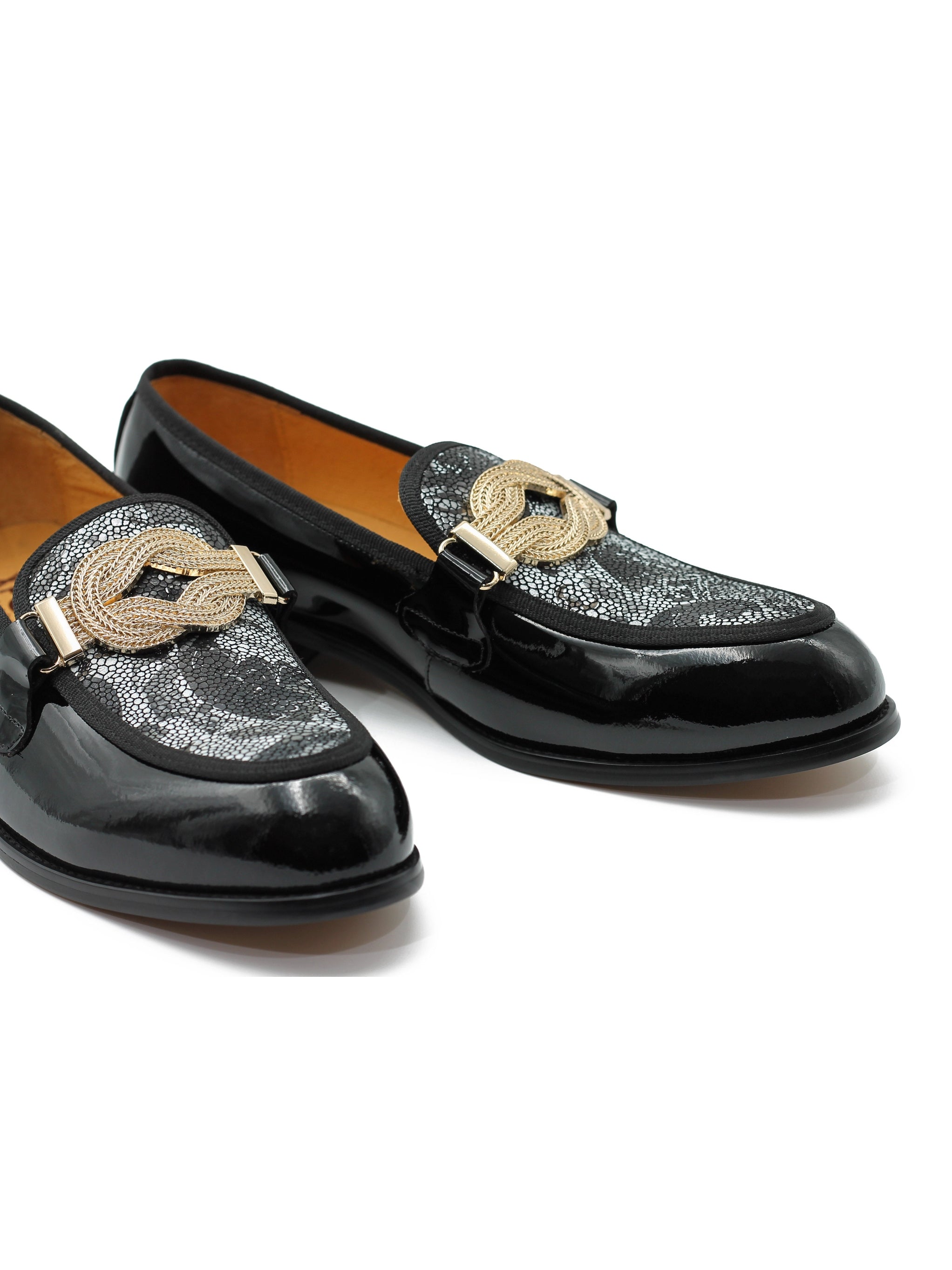 BLACK PATENT LEATHER LOAFERS GOLD BUCKLE