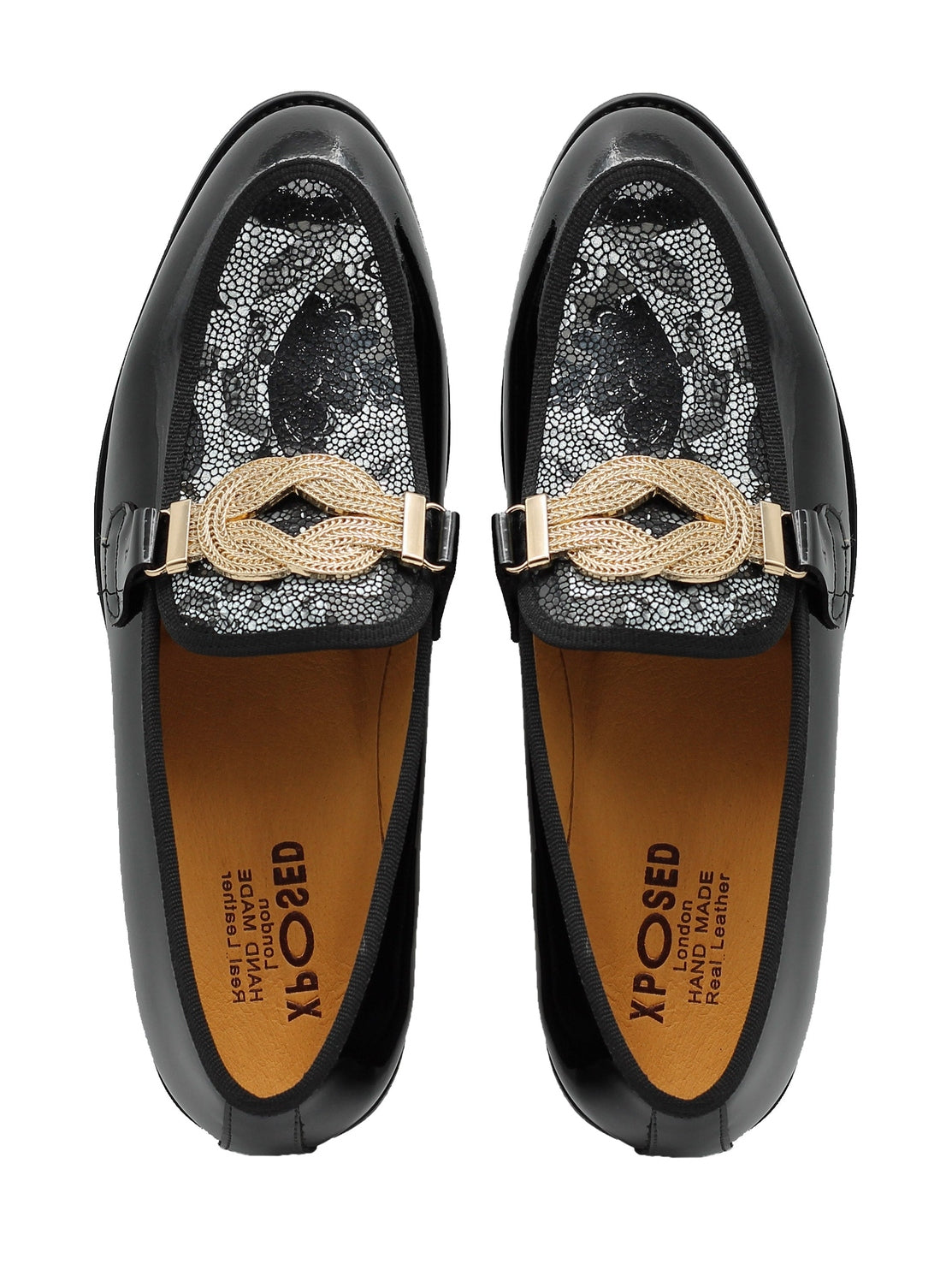 BLACK PATENT LEATHER LOAFERS GOLD BUCKLE