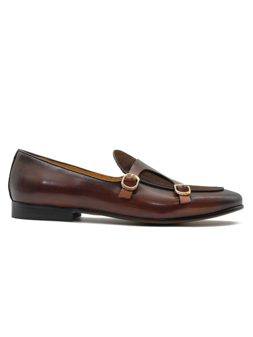 Braune Loafer aus echtem Leder mit doppeltem Monk-Riemen