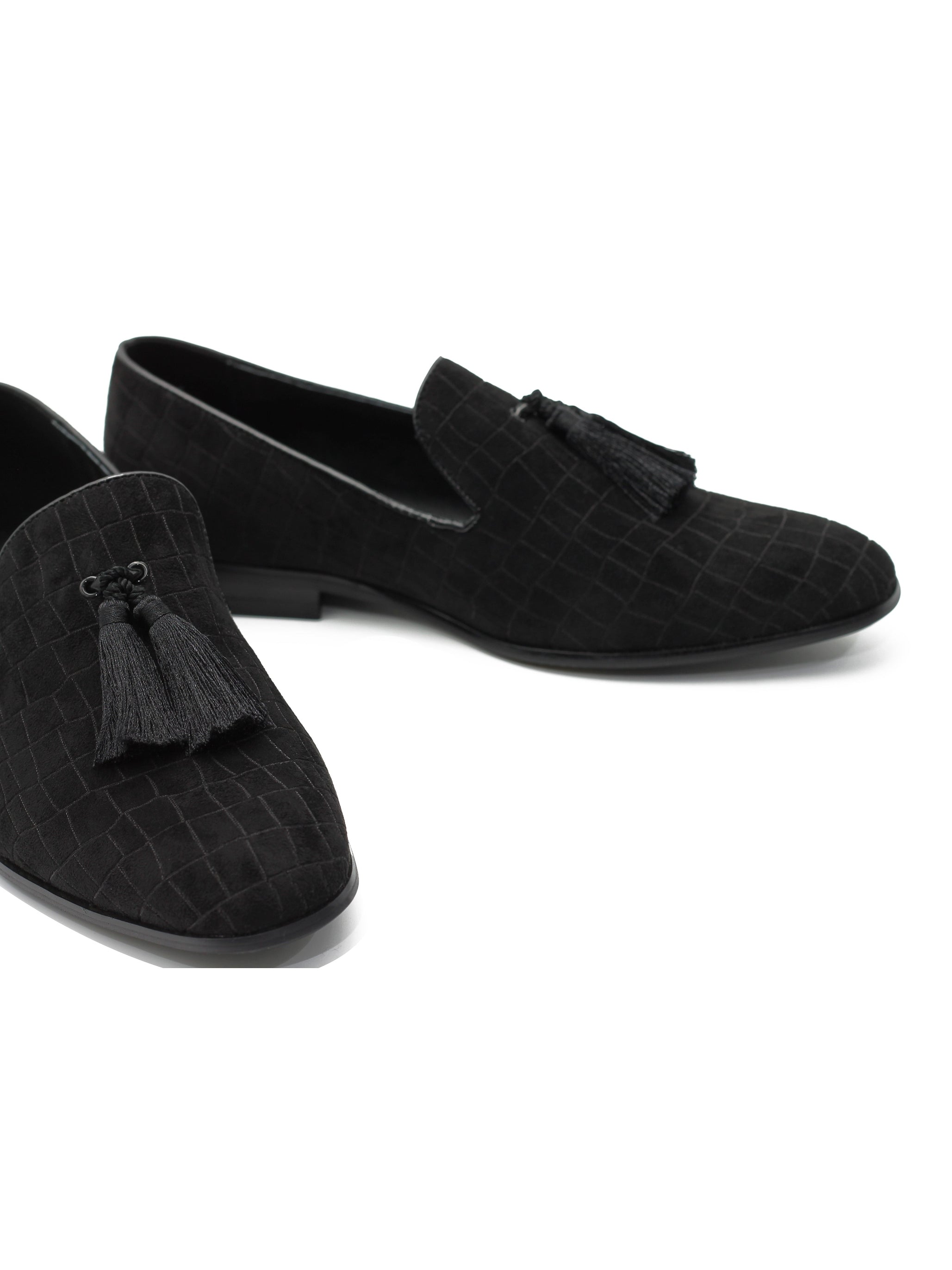 SCHWARZ BEDRUCKTE WILDLEDER-QUASTENLOAFERS