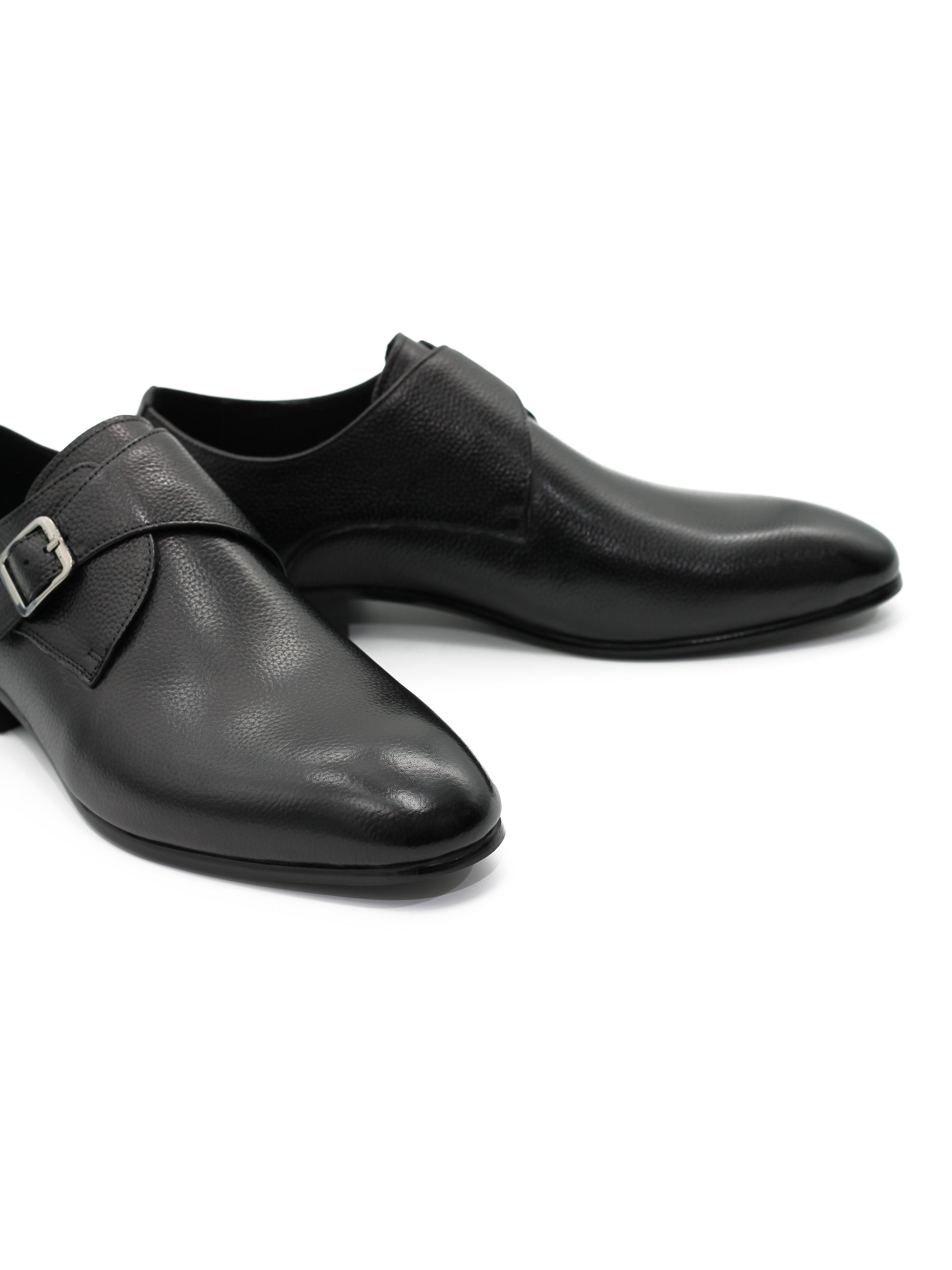 BLACK GRAIN LEATHER MONK STRAP SHOES