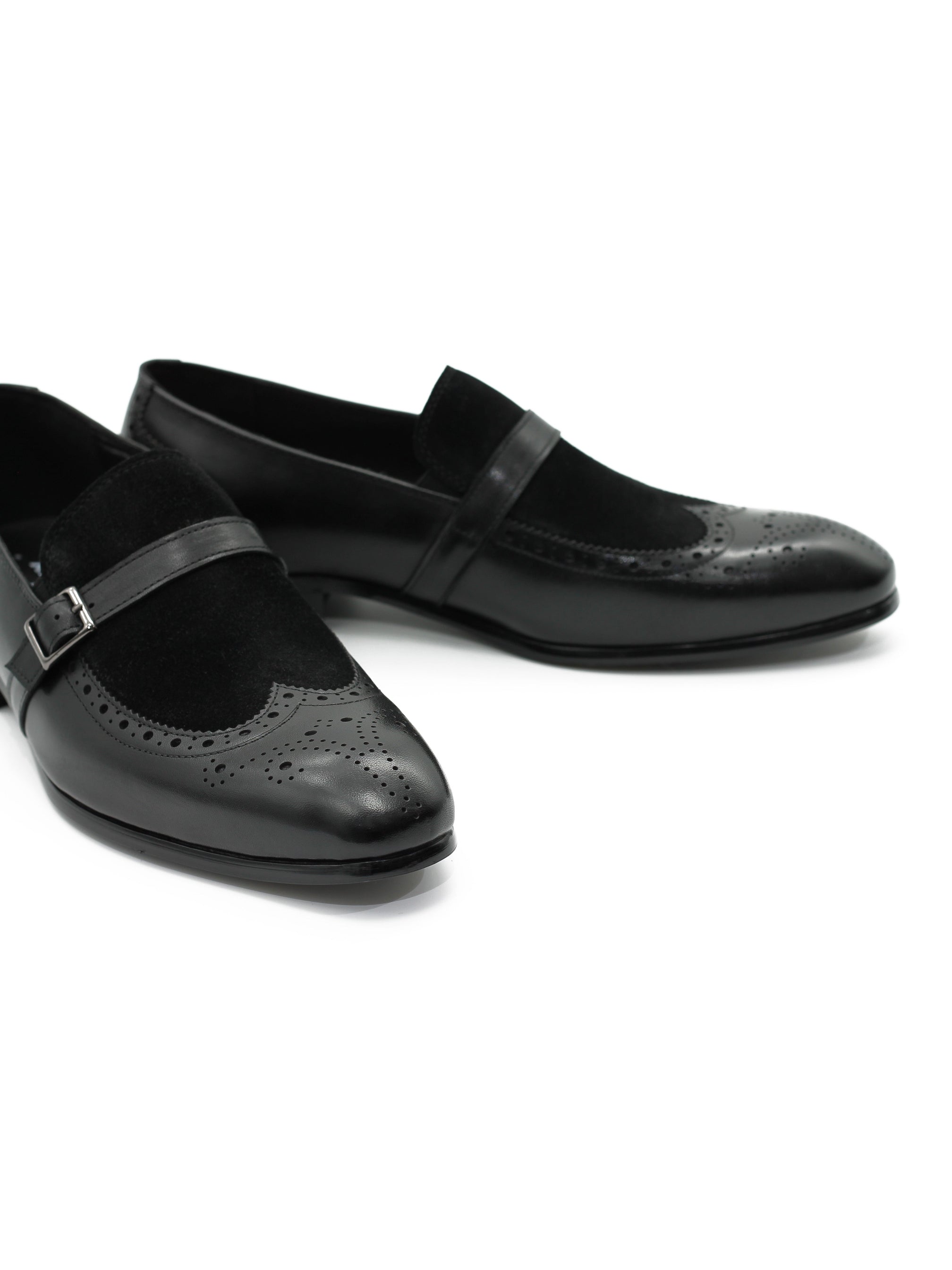 BLACK LEATHER & SUEDE MONK STRAP BROUGES