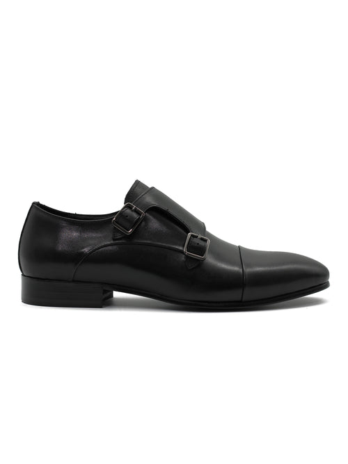 BLACK LEATHER DOUBLE MONK SHOES