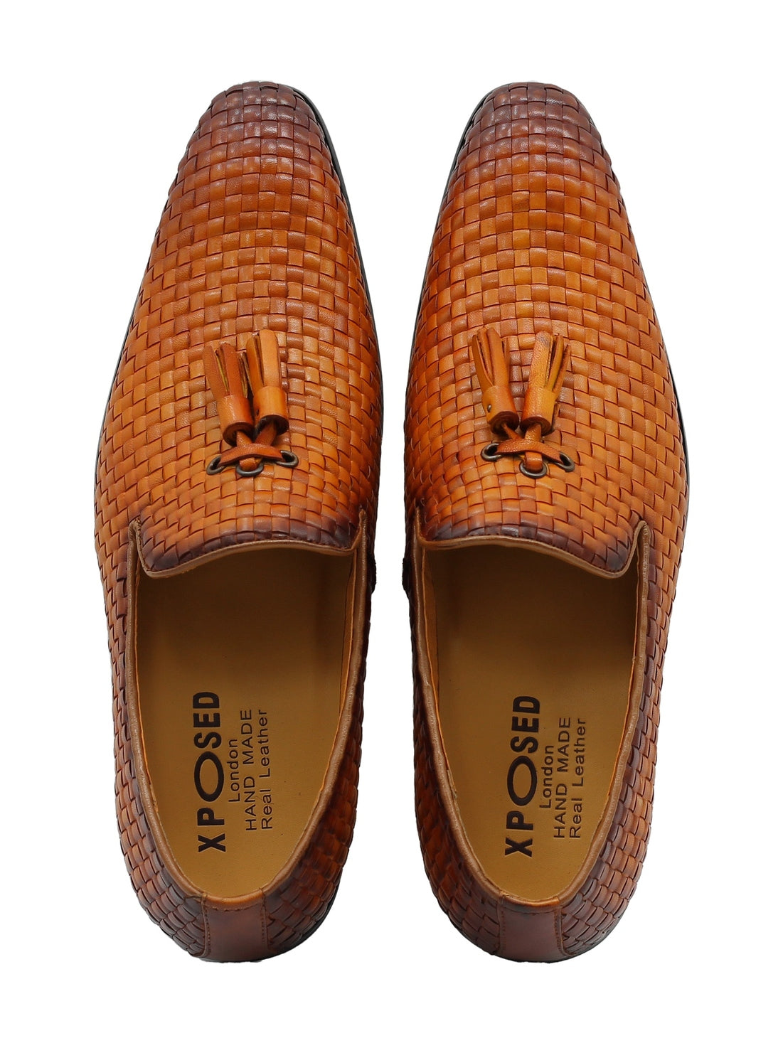 TAN WOVEN LEATHER TASSEL LOAFERS