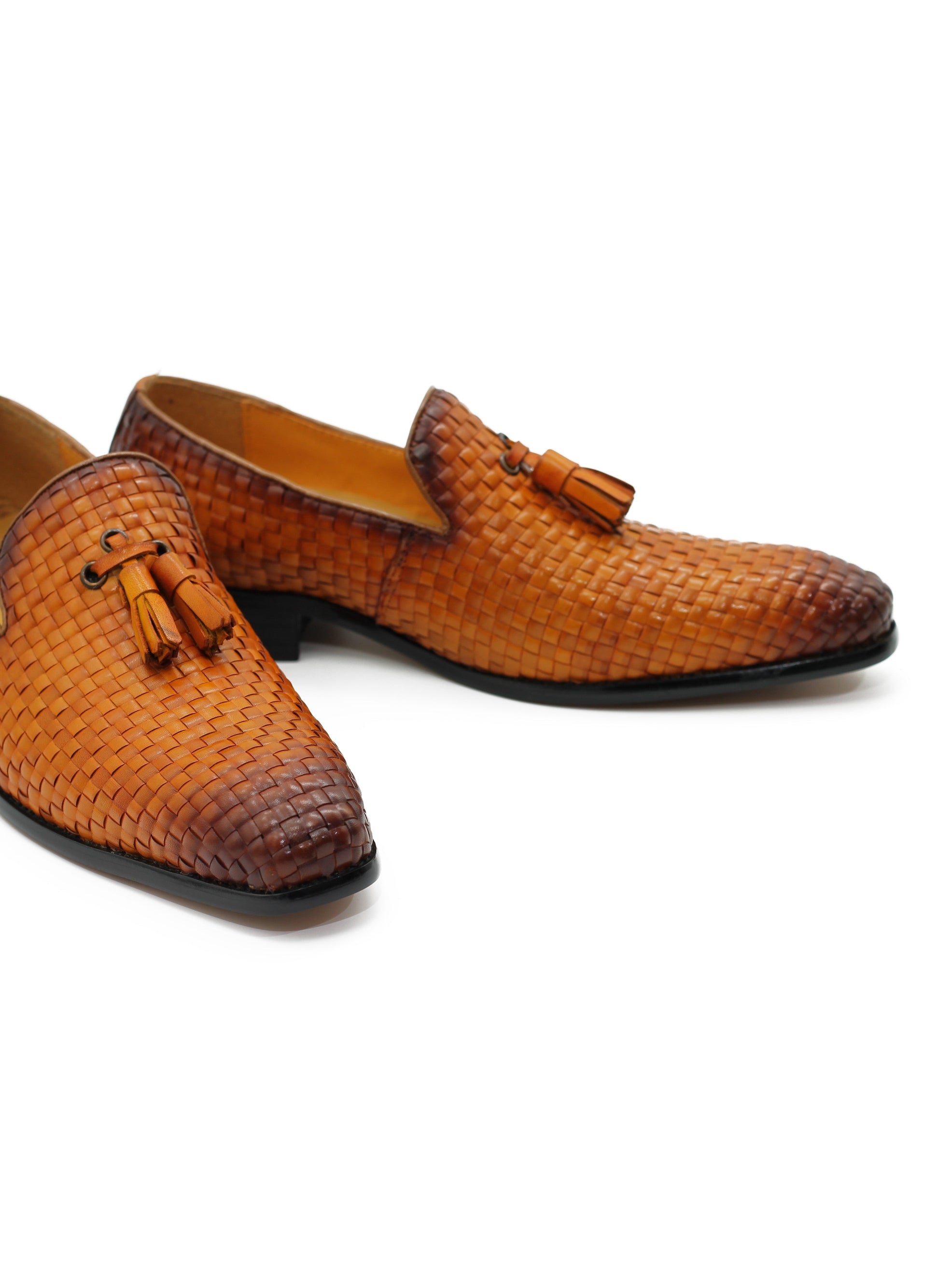 TAN WOVEN LEATHER TASSEL LOAFERS