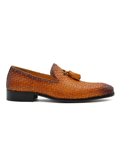 TAN WOVEN LEATHER TASSEL LOAFERS