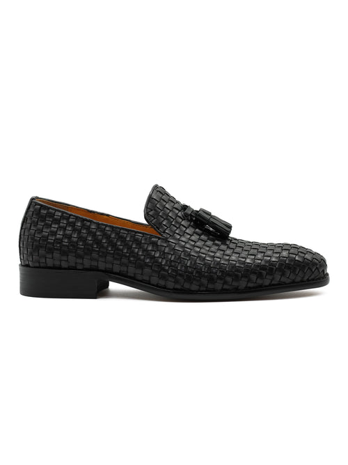 BLACK WOVEN LEATHER TASSEL LOAFERS