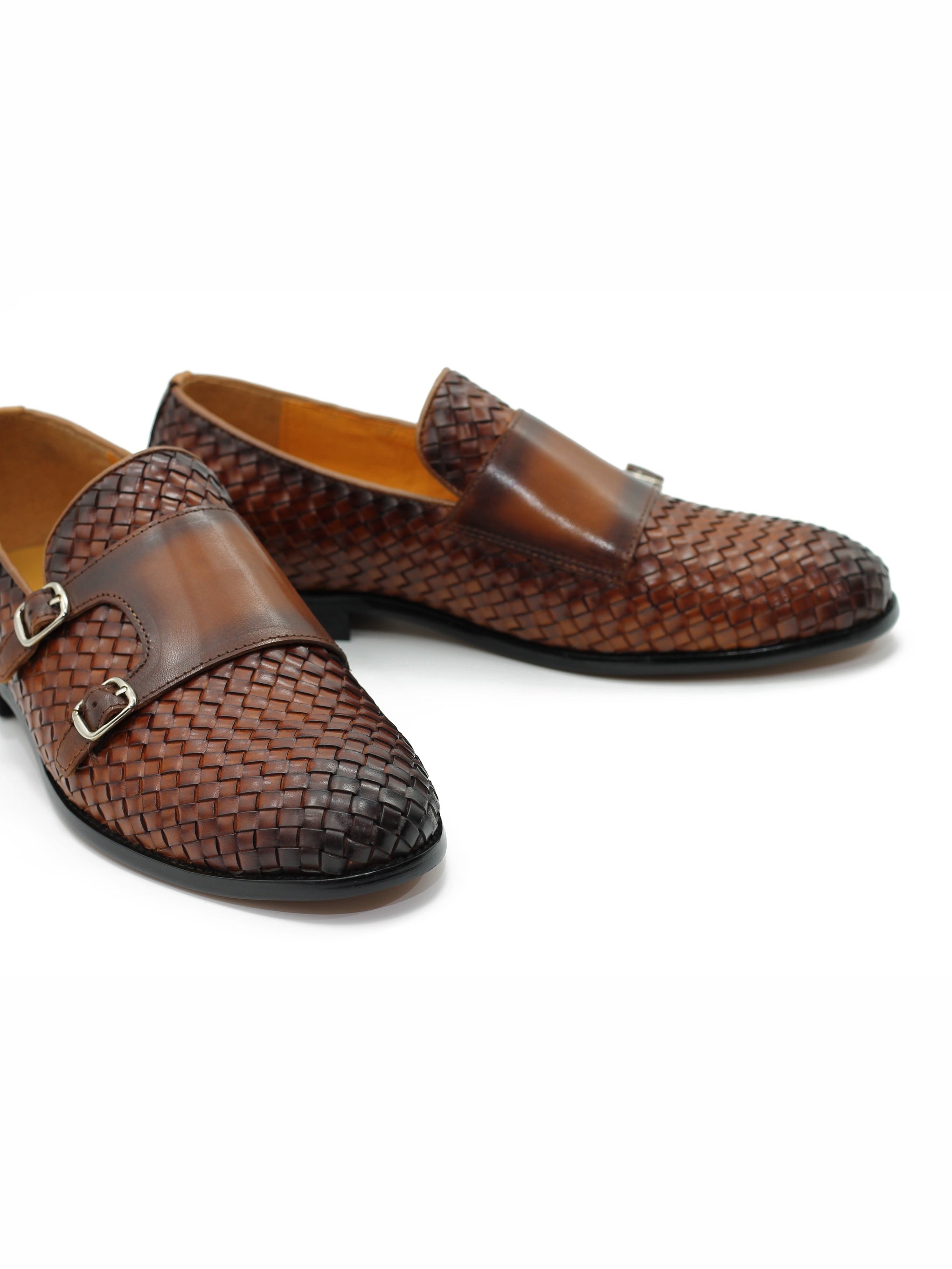 BROWN WOVEN LEATHER DOUBLE MONK SHOES