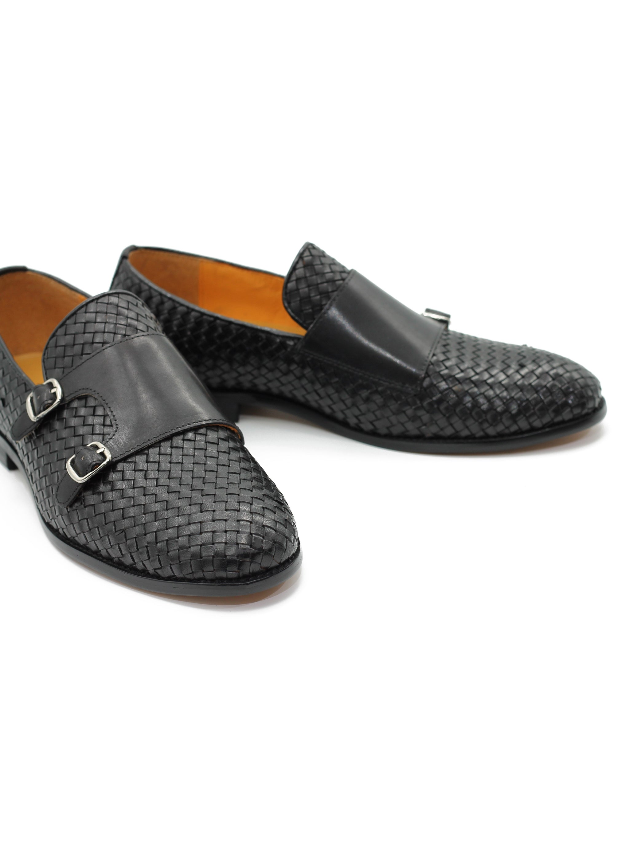 BLACK WOVEN LEATHER DOUBLE MONK SHOES