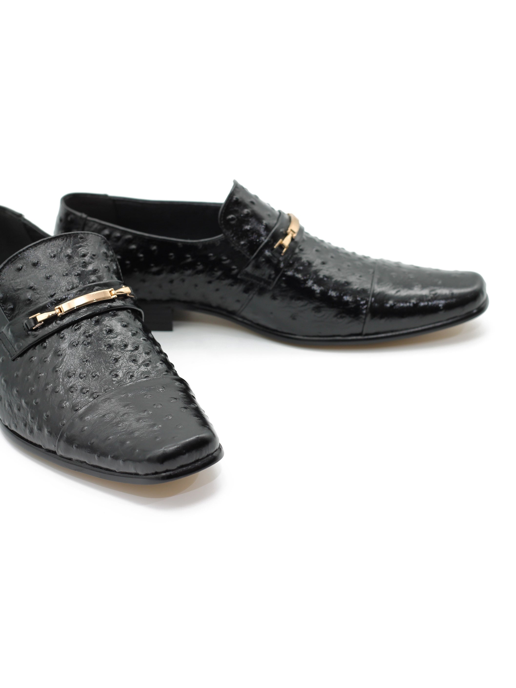 GOLD BUCKLE BLACK SHINY LEATHER LOAFERS