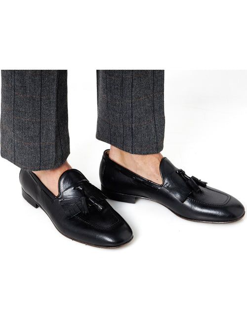 BLACK ITALIAN LEATHER COLLAPSIBLE KILTIE TASSEL LOAFER