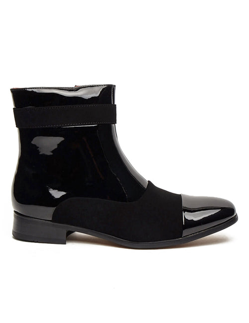 PATENT BLACK LEATHER & SUEDE ZIP BOOTS