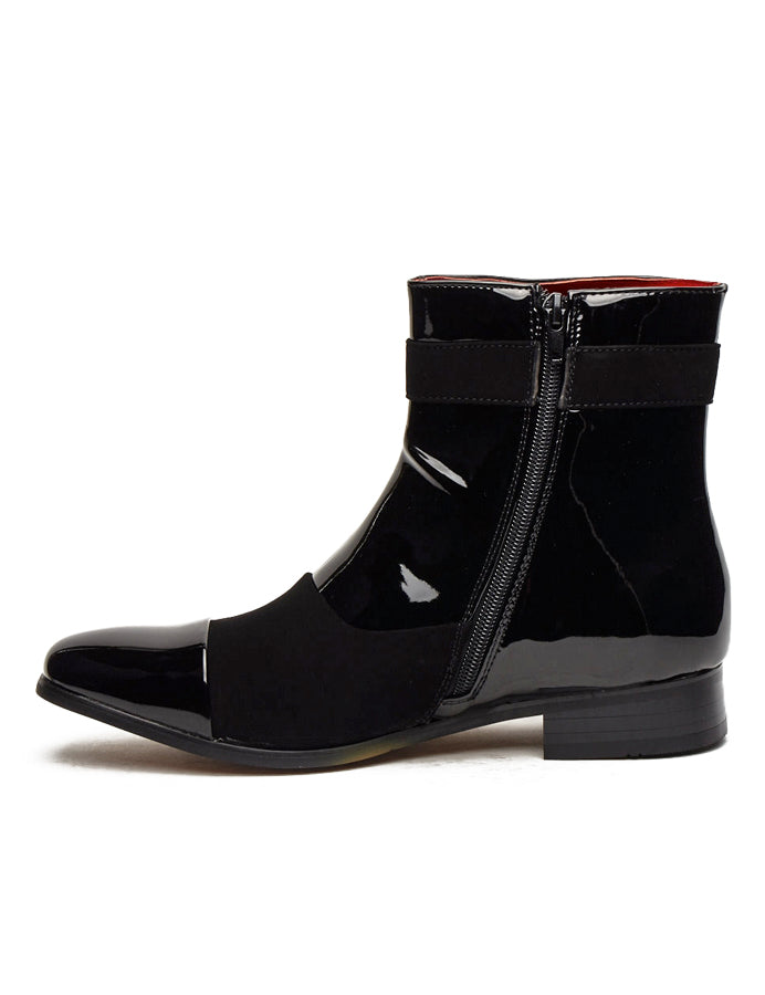 PATENT BLACK LEATHER & SUEDE ZIP BOOTS