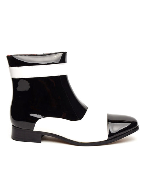 PATENT BLACK & WHITE ZIP GATSBY BOOTS